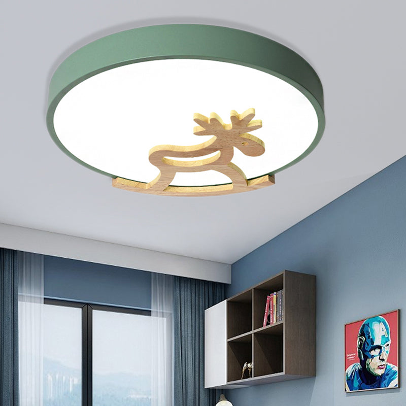 Round Flush Ceiling Light Kids Acrylic LED Bedroom Gray/White Ceiling Mounted Light with Wooden Deer Deco Green Clearhalo 'Ceiling Lights' 'Close To Ceiling Lights' 'Close to ceiling' 'Flush mount' Lighting' 216361