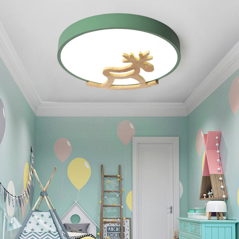 Round Flush Ceiling Light Kids Acrylic LED Bedroom Gray/White Ceiling Mounted Light with Wooden Deer Deco Clearhalo 'Ceiling Lights' 'Close To Ceiling Lights' 'Close to ceiling' 'Flush mount' Lighting' 216362