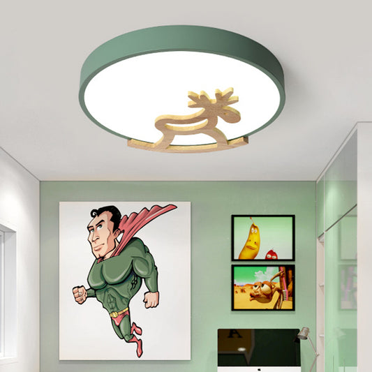 Round Flush Ceiling Light Kids Acrylic LED Bedroom Gray/White Ceiling Mounted Light with Wooden Deer Deco Clearhalo 'Ceiling Lights' 'Close To Ceiling Lights' 'Close to ceiling' 'Flush mount' Lighting' 216363