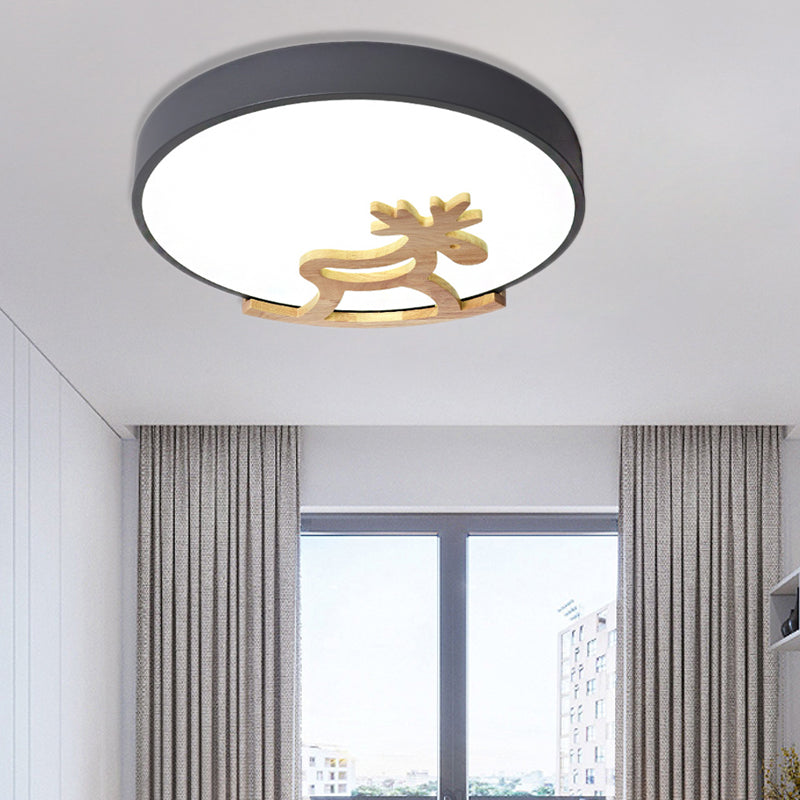 Round Flush Ceiling Light Kids Acrylic LED Bedroom Gray/White Ceiling Mounted Light with Wooden Deer Deco Grey Clearhalo 'Ceiling Lights' 'Close To Ceiling Lights' 'Close to ceiling' 'Flush mount' Lighting' 216365