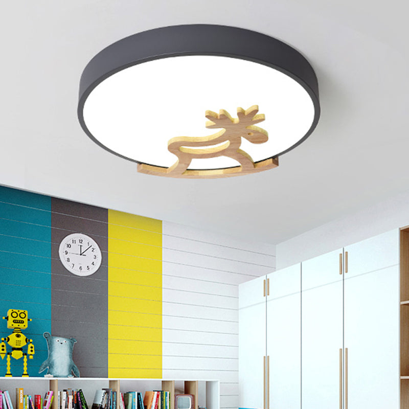 Round Flush Ceiling Light Kids Acrylic LED Bedroom Gray/White Ceiling Mounted Light with Wooden Deer Deco Clearhalo 'Ceiling Lights' 'Close To Ceiling Lights' 'Close to ceiling' 'Flush mount' Lighting' 216366