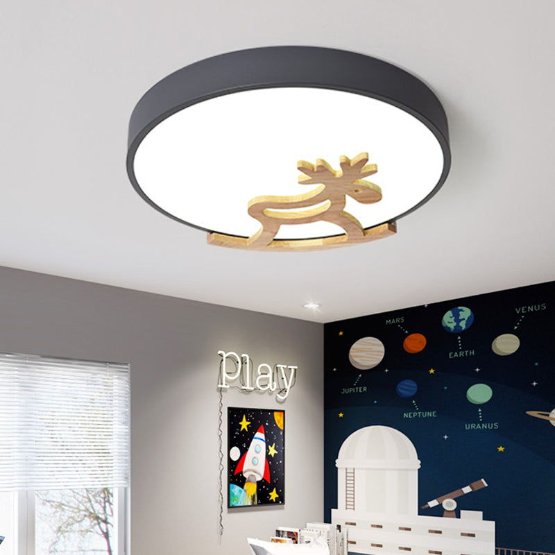 Round Flush Ceiling Light Kids Acrylic LED Bedroom Gray/White Ceiling Mounted Light with Wooden Deer Deco Clearhalo 'Ceiling Lights' 'Close To Ceiling Lights' 'Close to ceiling' 'Flush mount' Lighting' 216367