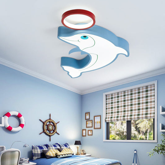 Modernist Style LED Flush Pendant Light with Acrylic Shade Blue Dolphin Close to Ceiling Light for Kids, 14"/16.5" Width Blue Clearhalo 'Ceiling Lights' 'Close To Ceiling Lights' 'Close to ceiling' 'Flush mount' Lighting' 216369