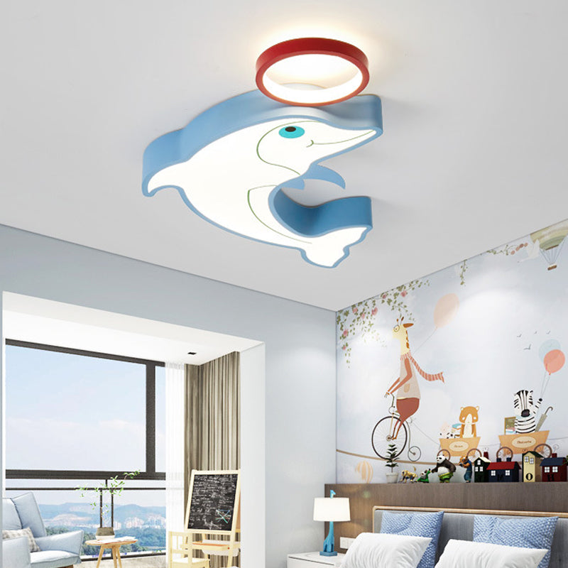 Modernist Style LED Flush Pendant Light with Acrylic Shade Blue Dolphin Close to Ceiling Light for Kids, 14"/16.5" Width Clearhalo 'Ceiling Lights' 'Close To Ceiling Lights' 'Close to ceiling' 'Flush mount' Lighting' 216371