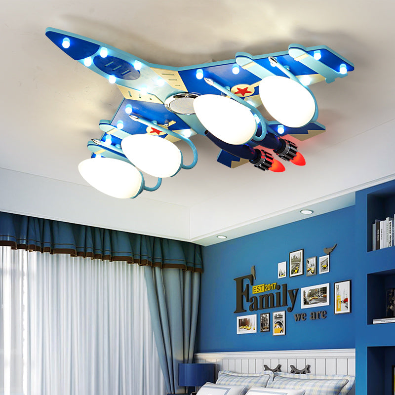 Blue Plane Flush Mount Lamp Cartoon Style 3/4 Bulbs Wood Ceiling Lighting with Milk Glass Teardrop Shade Clearhalo 'Ceiling Lights' 'Close To Ceiling Lights' 'Close to ceiling' 'Flush mount' Lighting' 216422