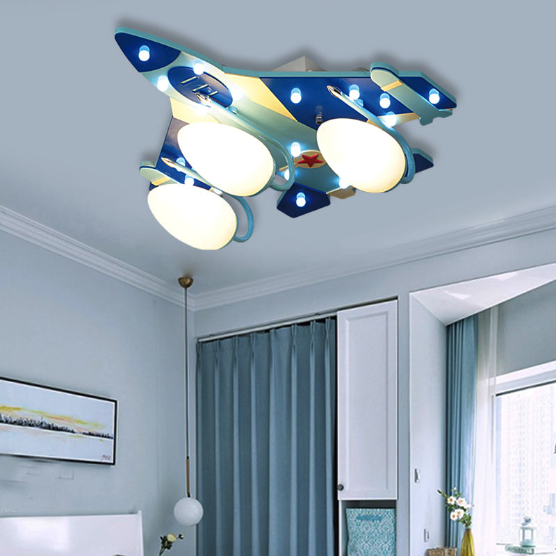 Blue Plane Flush Mount Lamp Cartoon Style 3/4 Bulbs Wood Ceiling Lighting with Milk Glass Teardrop Shade Clearhalo 'Ceiling Lights' 'Close To Ceiling Lights' 'Close to ceiling' 'Flush mount' Lighting' 216426