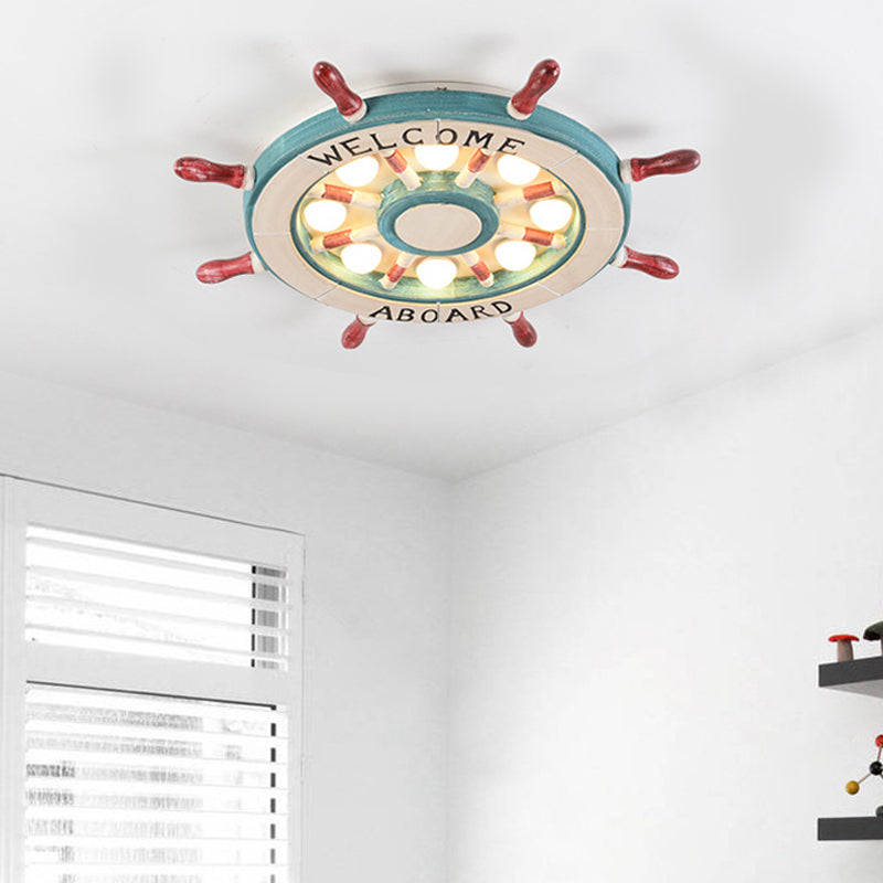 Nautical Rudder Shade Flushmount Lighting Wood 8 Lights Children Room Green/Red Ceiling Lamp, Warm/White Light Red Clearhalo 'Ceiling Lights' 'Close To Ceiling Lights' 'Close to ceiling' 'Flush mount' Lighting' 216445