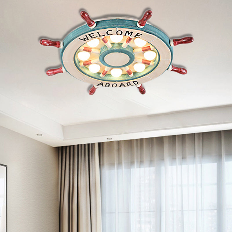 Nautical Rudder Shade Flushmount Lighting Wood 8 Lights Children Room Green/Red Ceiling Lamp, Warm/White Light Clearhalo 'Ceiling Lights' 'Close To Ceiling Lights' 'Close to ceiling' 'Flush mount' Lighting' 216446