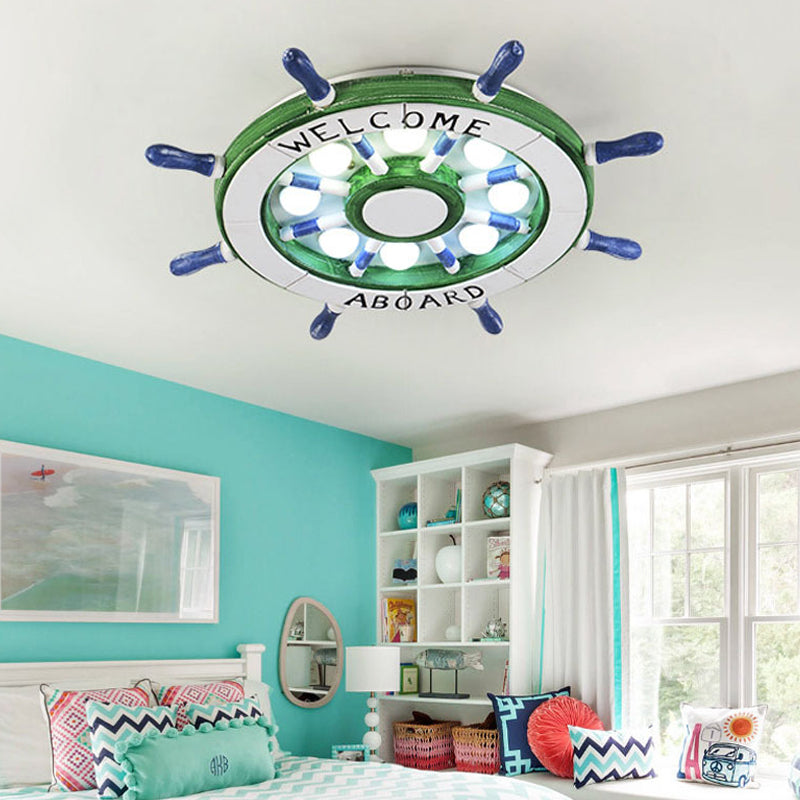 Nautical Rudder Shade Flushmount Lighting Wood 8 Lights Children Room Green/Red Ceiling Lamp, Warm/White Light Clearhalo 'Ceiling Lights' 'Close To Ceiling Lights' 'Close to ceiling' 'Flush mount' Lighting' 216450