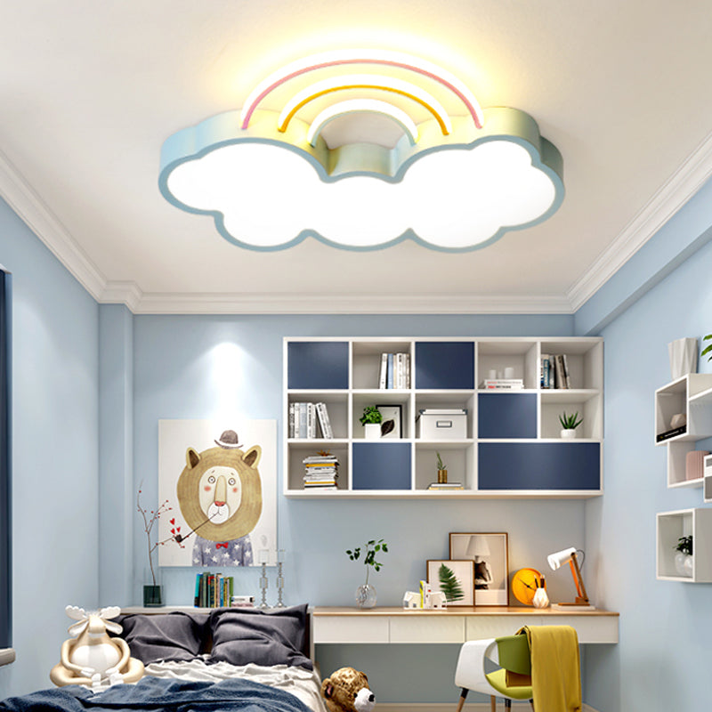 Kids LED Flush Mount Lamp with Acrylic Shade Blue Cloud and Rainbow Flush Mount Lighting in Warm/White Light, 13"/19" W Blue Clearhalo 'Ceiling Lights' 'Close To Ceiling Lights' 'Close to ceiling' 'Flush mount' Lighting' 216490