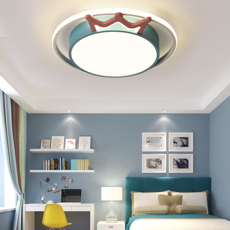 Cartoon Style Round Flush Mount Light Acrylic LED Indoor Blue/Pink Ceiling Light Fixture with Crown Deco in Warm/White Light Blue Clearhalo 'Ceiling Lights' 'Close To Ceiling Lights' 'Close to ceiling' 'Flush mount' Lighting' 216511