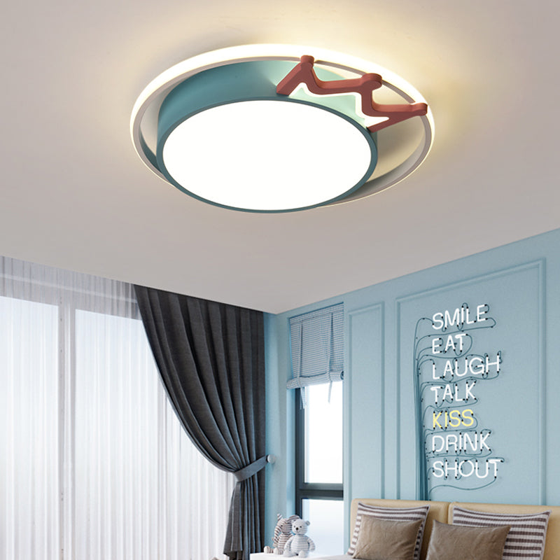 Cartoon Style Round Flush Mount Light Acrylic LED Indoor Blue/Pink Ceiling Light Fixture with Crown Deco in Warm/White Light Clearhalo 'Ceiling Lights' 'Close To Ceiling Lights' 'Close to ceiling' 'Flush mount' Lighting' 216512