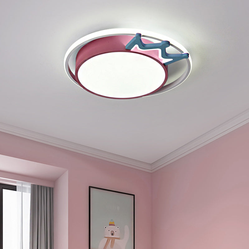 Cartoon Style Round Flush Mount Light Acrylic LED Indoor Blue/Pink Ceiling Light Fixture with Crown Deco in Warm/White Light Pink Clearhalo 'Ceiling Lights' 'Close To Ceiling Lights' 'Close to ceiling' 'Flush mount' Lighting' 216515