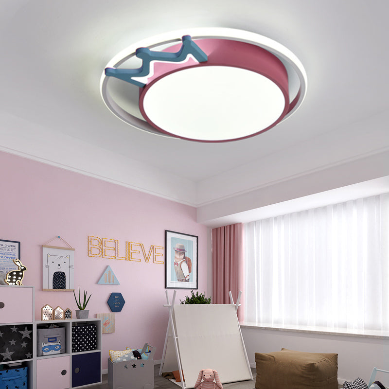 Cartoon Style Round Flush Mount Light Acrylic LED Indoor Blue/Pink Ceiling Light Fixture with Crown Deco in Warm/White Light Clearhalo 'Ceiling Lights' 'Close To Ceiling Lights' 'Close to ceiling' 'Flush mount' Lighting' 216516