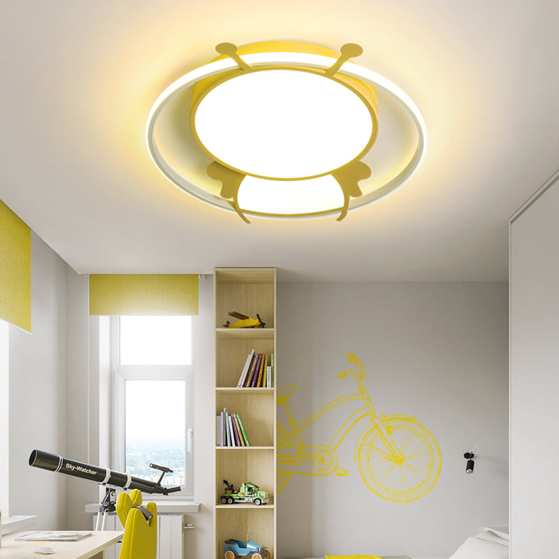 Metal Ring Flush Mount Lamp Kids LED Pink/Yellow Flush Pendant Light with Acrylic Bee Shade in Warm/White Light Yellow Clearhalo 'Ceiling Lights' 'Close To Ceiling Lights' 'Close to ceiling' 'Flush mount' Lighting' 216518