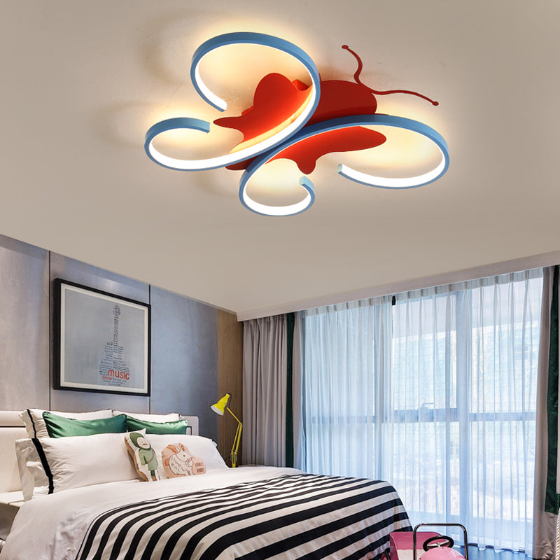 Aluminum Butterfly Shaped Flush Pendant Light Kids LED Blue/Red Flush Mounted Ceiling Light, Warm/White Light Red Warm Clearhalo 'Ceiling Lights' 'Close To Ceiling Lights' 'Close to ceiling' 'Flush mount' Lighting' 216543