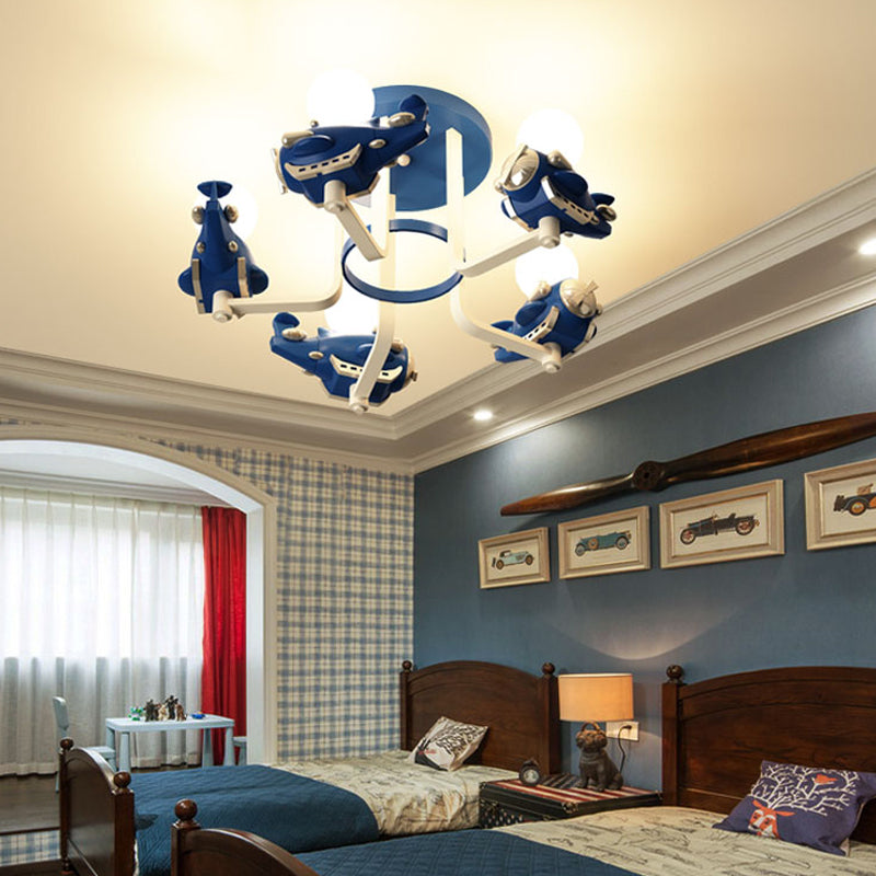 Kids Aircraft Shaped Semi Flush Chandelier Resin and Metal 5 Lights Children Room Ceiling Light Fixture in Blue/Red Blue Clearhalo 'Ceiling Lights' 'Close To Ceiling Lights' 'Close to ceiling' 'Semi-flushmount' Lighting' 216568