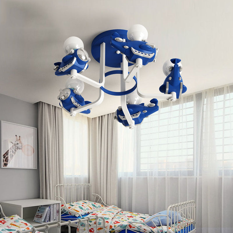 Kids Aircraft Shaped Semi Flush Chandelier Resin and Metal 5 Lights Children Room Ceiling Light Fixture in Blue/Red Clearhalo 'Ceiling Lights' 'Close To Ceiling Lights' 'Close to ceiling' 'Semi-flushmount' Lighting' 216569