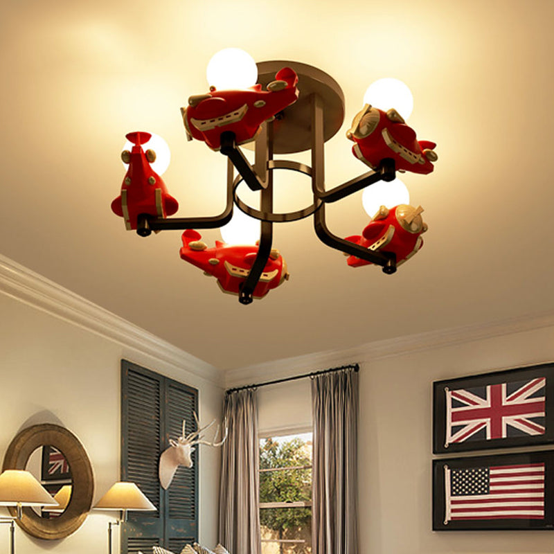 Kids Aircraft Shaped Semi Flush Chandelier Resin and Metal 5 Lights Children Room Ceiling Light Fixture in Blue/Red Red Clearhalo 'Ceiling Lights' 'Close To Ceiling Lights' 'Close to ceiling' 'Semi-flushmount' Lighting' 216572