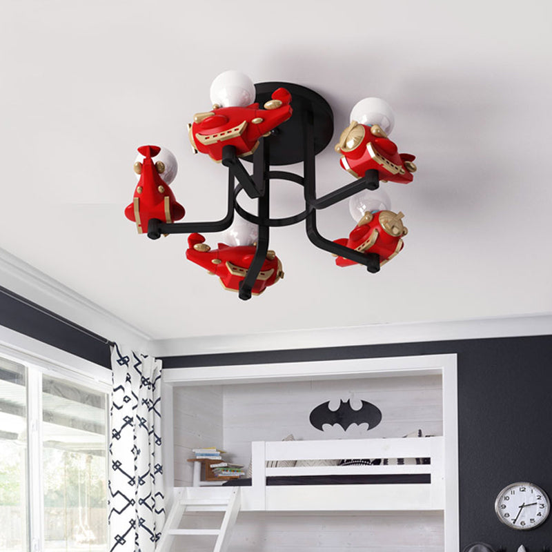 Kids Aircraft Shaped Semi Flush Chandelier Resin and Metal 5 Lights Children Room Ceiling Light Fixture in Blue/Red Clearhalo 'Ceiling Lights' 'Close To Ceiling Lights' 'Close to ceiling' 'Semi-flushmount' Lighting' 216573