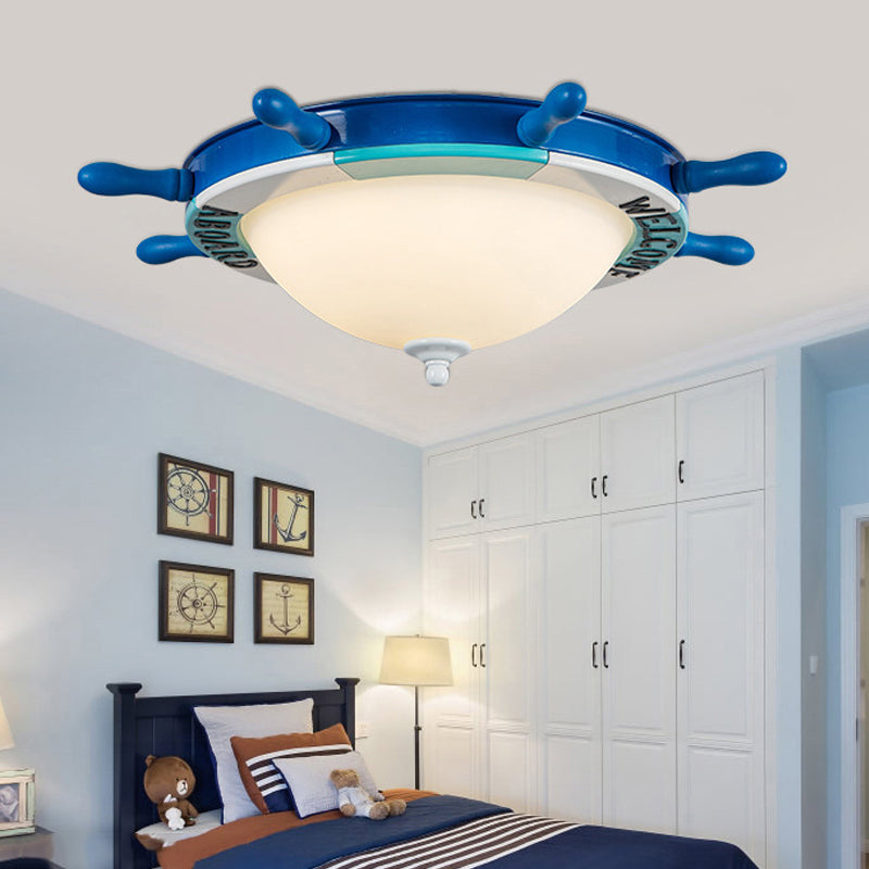 Rudder Design Bedroom Flushmount Light Wood LED Nautical Style Blue Ceiling Mount Light with Milk Glass Shade Blue Clearhalo 'Ceiling Lights' 'Close To Ceiling Lights' 'Close to ceiling' 'Flush mount' Lighting' 216585