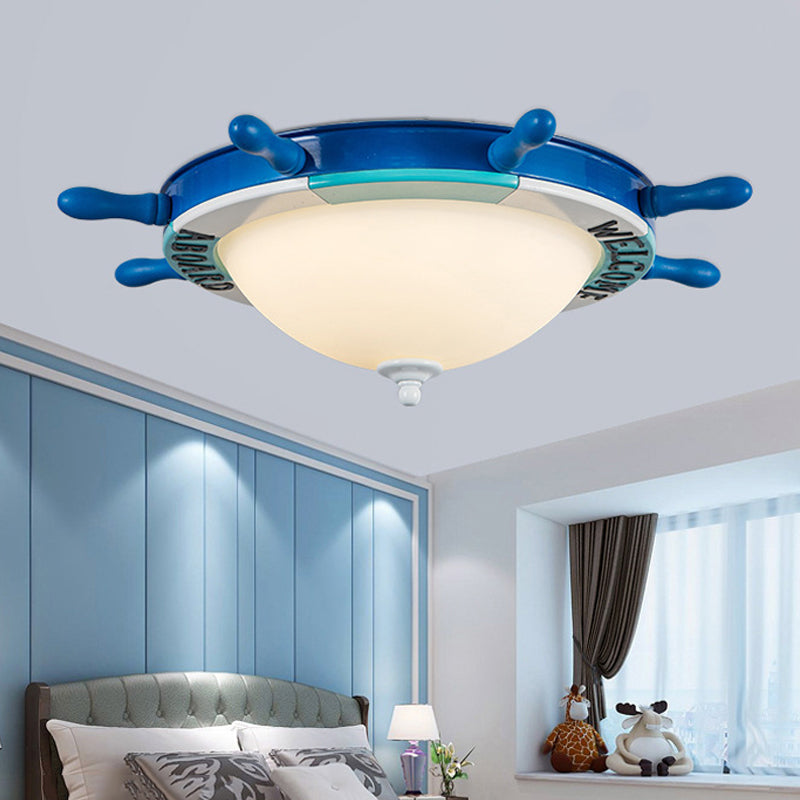 Rudder Design Bedroom Flushmount Light Wood LED Nautical Style Blue Ceiling Mount Light with Milk Glass Shade Clearhalo 'Ceiling Lights' 'Close To Ceiling Lights' 'Close to ceiling' 'Flush mount' Lighting' 216586