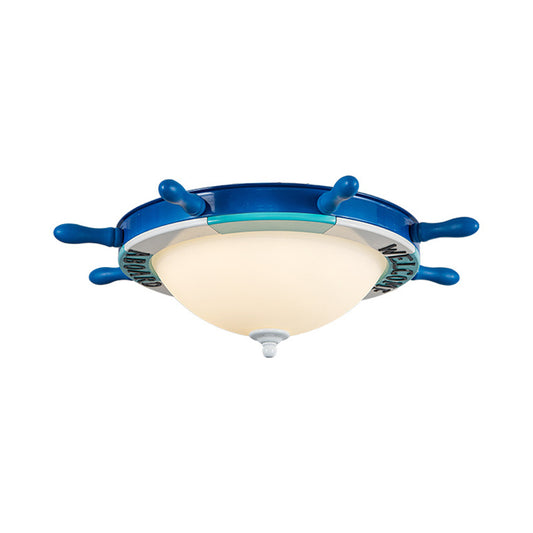 Rudder Design Bedroom Flushmount Light Wood LED Nautical Style Blue Ceiling Mount Light with Milk Glass Shade Clearhalo 'Ceiling Lights' 'Close To Ceiling Lights' 'Close to ceiling' 'Flush mount' Lighting' 216587