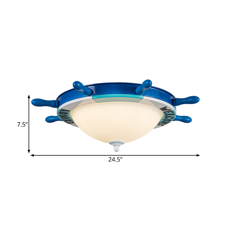 Rudder Design Bedroom Flushmount Light Wood LED Nautical Style Blue Ceiling Mount Light with Milk Glass Shade Clearhalo 'Ceiling Lights' 'Close To Ceiling Lights' 'Close to ceiling' 'Flush mount' Lighting' 216588