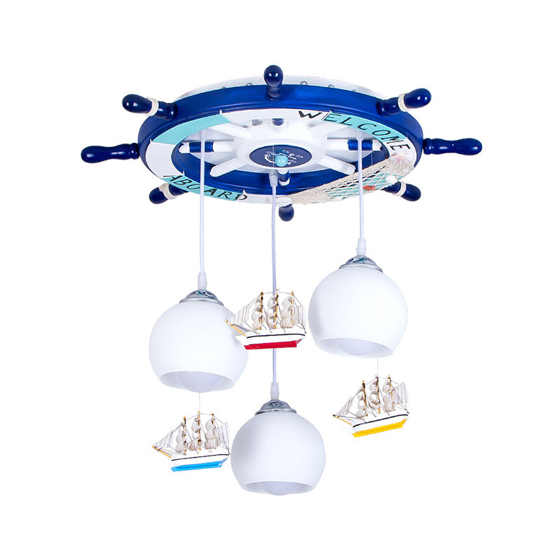 White Glass Global Hanging Lamp Kids 3 Heads Pendant Lighting with Rudder Shaped Canopy in Blue Clearhalo 'Ceiling Lights' 'Close To Ceiling Lights' 'Glass shade' 'Glass' 'Pendant Lights' 'Pendants' Lighting' 216620