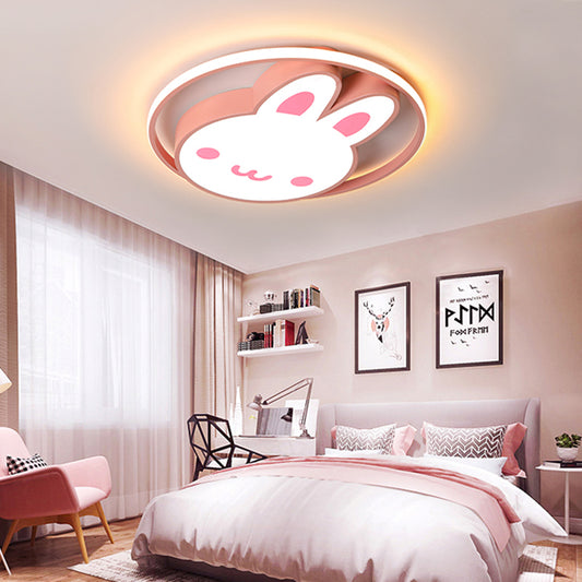 Rabbit Design Bedroom Flush Mount Light Acrylic LED Cartoon Style Flushmount Lamp with Metal Ring in Pink Pink Clearhalo 'Ceiling Lights' 'Close To Ceiling Lights' 'Close to ceiling' 'Flush mount' Lighting' 216627