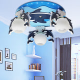 Blue Dolphin Ceiling Mount Chandelier Kids 3 Bulbs Wood Flush Pendant Light with Global Milk Glass Shade Blue Clearhalo 'Ceiling Lights' 'Close To Ceiling Lights' 'Close to ceiling' 'Flush mount' Lighting' 216645