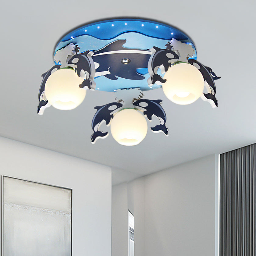 Blue Dolphin Ceiling Mount Chandelier Kids 3 Bulbs Wood Flush Pendant Light with Global Milk Glass Shade Clearhalo 'Ceiling Lights' 'Close To Ceiling Lights' 'Close to ceiling' 'Flush mount' Lighting' 216646