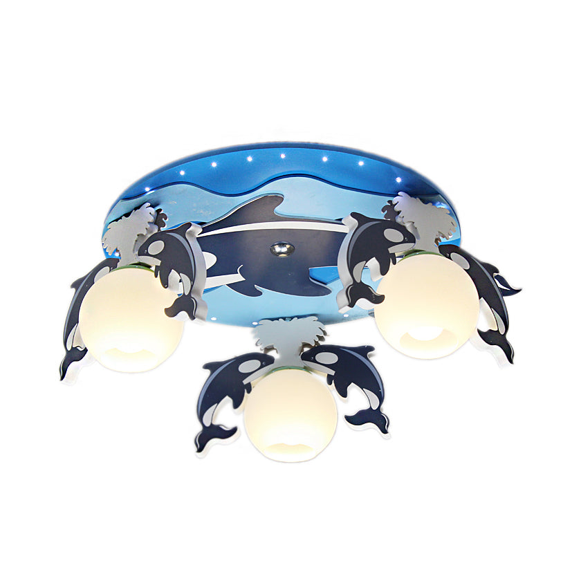 Blue Dolphin Ceiling Mount Chandelier Kids 3 Bulbs Wood Flush Pendant Light with Global Milk Glass Shade Clearhalo 'Ceiling Lights' 'Close To Ceiling Lights' 'Close to ceiling' 'Flush mount' Lighting' 216647