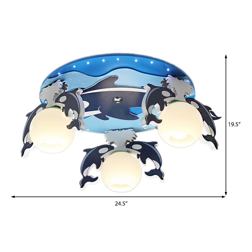 Blue Dolphin Ceiling Mount Chandelier Kids 3 Bulbs Wood Flush Pendant Light with Global Milk Glass Shade Clearhalo 'Ceiling Lights' 'Close To Ceiling Lights' 'Close to ceiling' 'Flush mount' Lighting' 216648