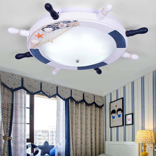 Rudder Wooden Flush Mount Lamp Nautical Style LED White Ceiling Mounted Light with Frosted Glass Shade Clearhalo 'Ceiling Lights' 'Close To Ceiling Lights' 'Close to ceiling' 'Flush mount' Lighting' 216651