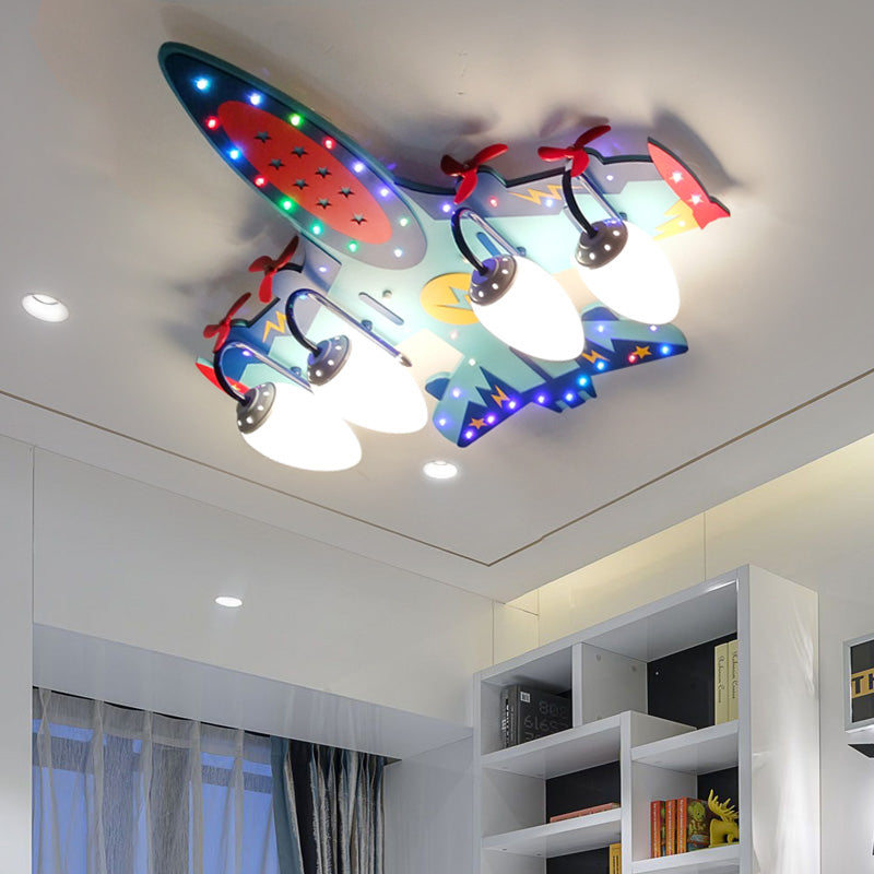 Aircraft Wood Ceiling Light Fixture Kids 4 Bulbs Blue Flush Mount Lamp with Opal Glass Teardrop Shade Blue Clearhalo 'Ceiling Lights' 'Close To Ceiling Lights' 'Close to ceiling' 'Semi-flushmount' Lighting' 216655