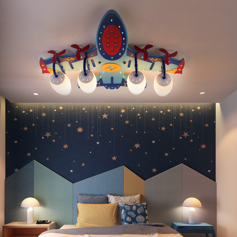 Aircraft Wood Ceiling Light Fixture Kids 4 Bulbs Blue Flush Mount Lamp with Opal Glass Teardrop Shade Clearhalo 'Ceiling Lights' 'Close To Ceiling Lights' 'Close to ceiling' 'Semi-flushmount' Lighting' 216656