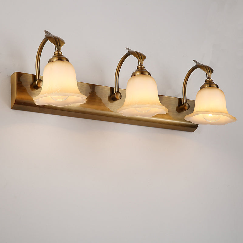 1/2/3 Lights Frosted Glass Vanity Light Traditional Brass Flared Bedroom Sconce with Gooseneck Arm 3.0 Brass Clearhalo 'Vanity Lights' 'Wall Lights' Lighting' 216850