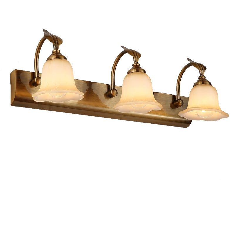 1/2/3 Lights Frosted Glass Vanity Light Traditional Brass Flared Bedroom Sconce with Gooseneck Arm Clearhalo 'Vanity Lights' 'Wall Lights' Lighting' 216852