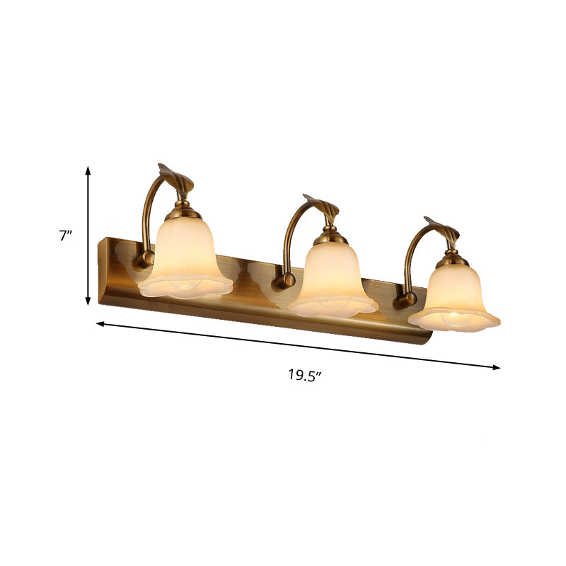 1/2/3 Lights Frosted Glass Vanity Light Traditional Brass Flared Bedroom Sconce with Gooseneck Arm Clearhalo 'Vanity Lights' 'Wall Lights' Lighting' 216853