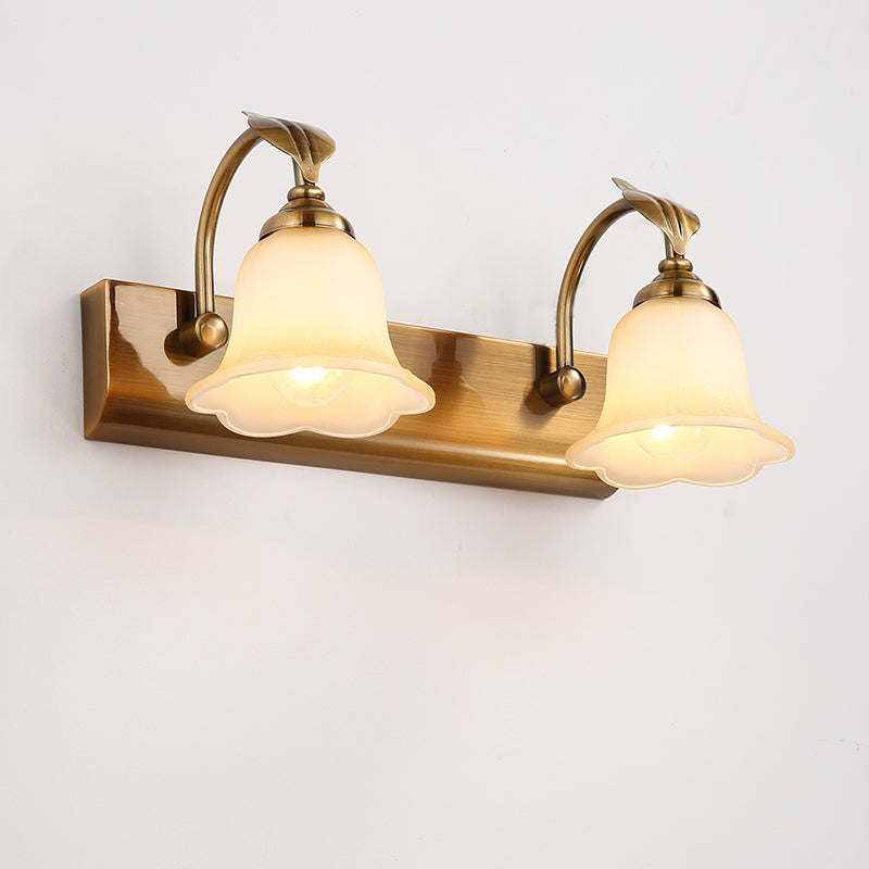 1/2/3 Lights Frosted Glass Vanity Light Traditional Brass Flared Bedroom Sconce with Gooseneck Arm 2.0 Brass Clearhalo 'Vanity Lights' 'Wall Lights' Lighting' 216854