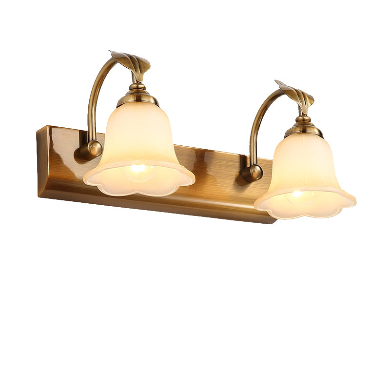 1/2/3 Lights Frosted Glass Vanity Light Traditional Brass Flared Bedroom Sconce with Gooseneck Arm Clearhalo 'Vanity Lights' 'Wall Lights' Lighting' 216855