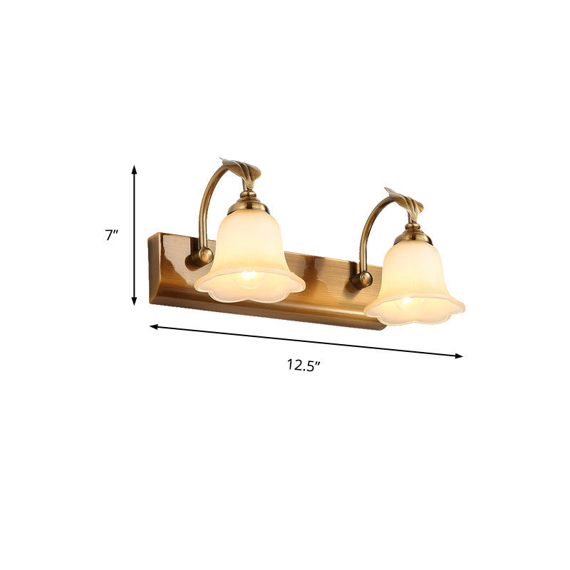 1/2/3 Lights Frosted Glass Vanity Light Traditional Brass Flared Bedroom Sconce with Gooseneck Arm Clearhalo 'Vanity Lights' 'Wall Lights' Lighting' 216856