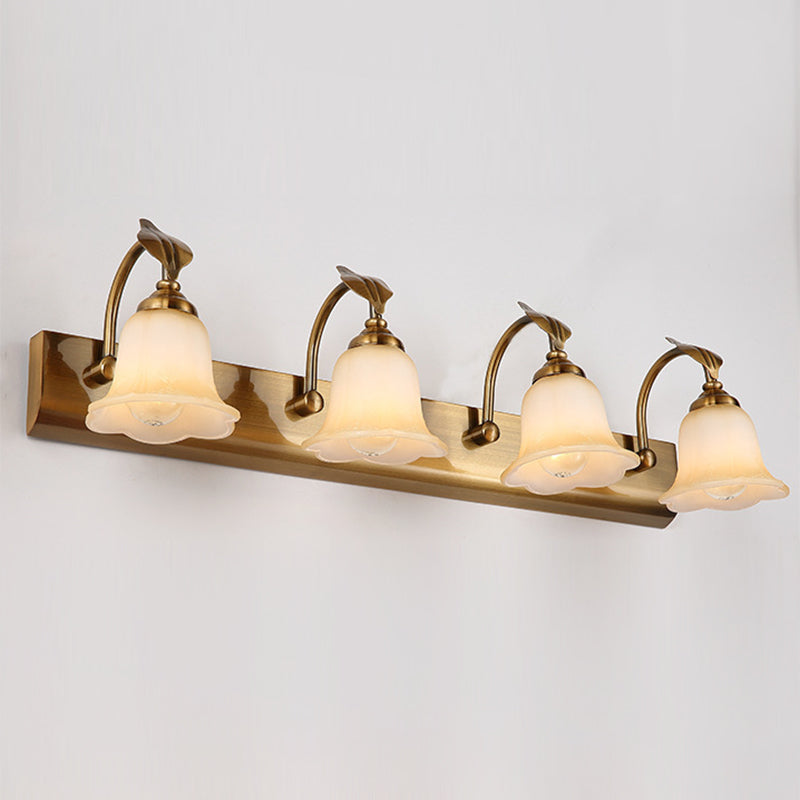 1/2/3 Lights Frosted Glass Vanity Light Traditional Brass Flared Bedroom Sconce with Gooseneck Arm 4.0 Brass Clearhalo 'Vanity Lights' 'Wall Lights' Lighting' 216858