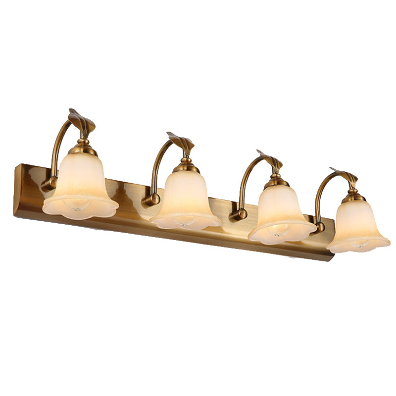 1/2/3 Lights Frosted Glass Vanity Light Traditional Brass Flared Bedroom Sconce with Gooseneck Arm Clearhalo 'Vanity Lights' 'Wall Lights' Lighting' 216859