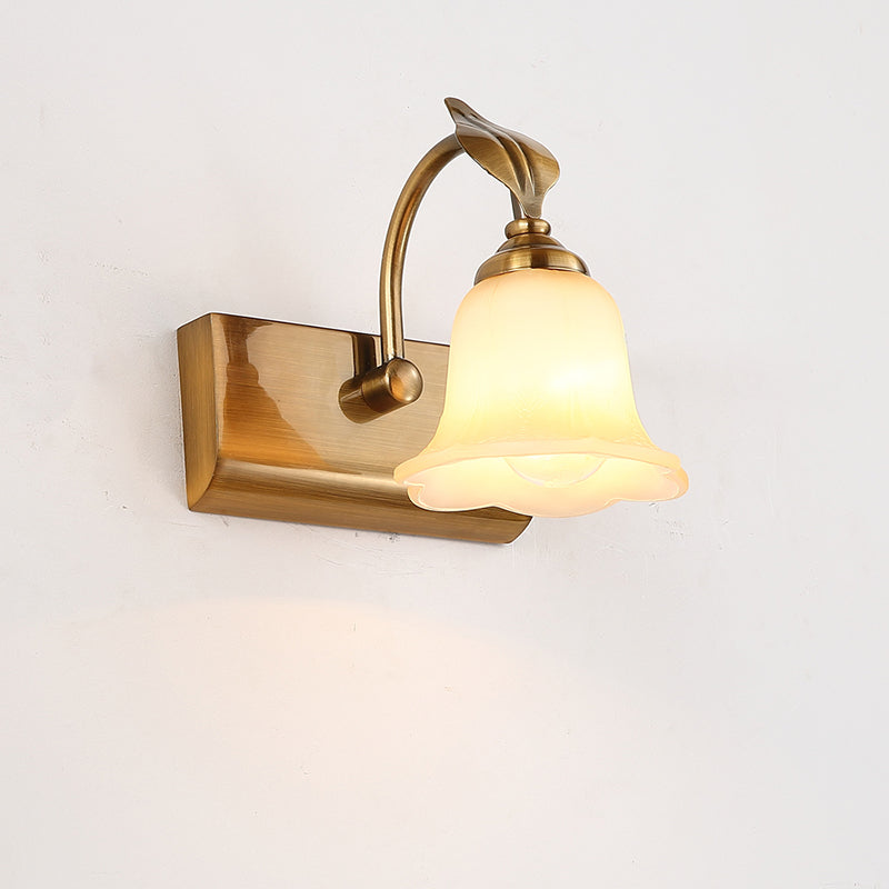 1/2/3 Lights Frosted Glass Vanity Light Traditional Brass Flared Bedroom Sconce with Gooseneck Arm 1.0 Brass Clearhalo 'Vanity Lights' 'Wall Lights' Lighting' 216861