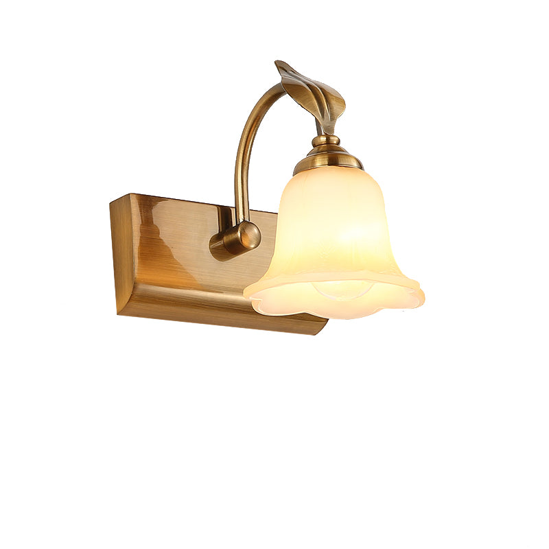 1/2/3 Lights Frosted Glass Vanity Light Traditional Brass Flared Bedroom Sconce with Gooseneck Arm Clearhalo 'Vanity Lights' 'Wall Lights' Lighting' 216862