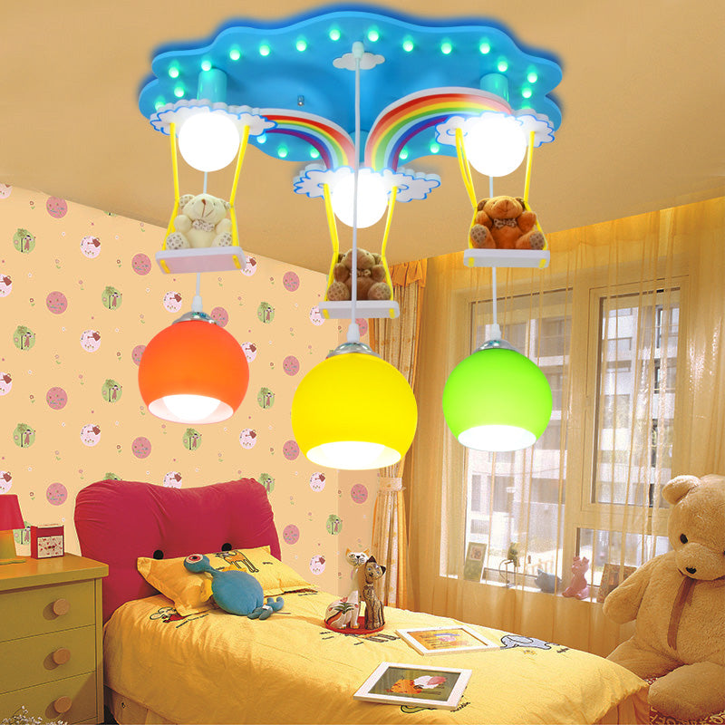 Global Pendant Lighting Kids White/Yellow and Green Glass 6 Lights Hanging Lamp with Wooden Canopy and Bear Deco Yellow-Green Clearhalo 'Ceiling Lights' 'Pendant Lights' 'Pendants' Lighting' 216882_3dcac942-046a-4d19-a664-b23389da37ec