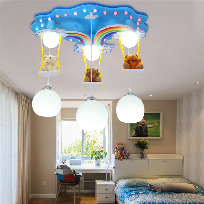 Global Pendant Lighting Kids White/Yellow and Green Glass 6 Lights Hanging Lamp with Wooden Canopy and Bear Deco Clearhalo 'Ceiling Lights' 'Pendant Lights' 'Pendants' Lighting' 216886