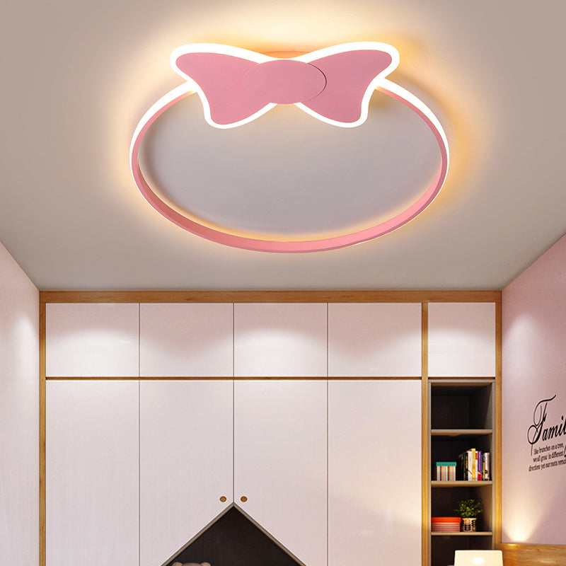 Pink/White Ring Flush Light Modern Stylish LED Aluminum and Acrylic Flush Mount Lighting with Bowknot/Cloud Decoration Pink Bowknot Clearhalo 'Ceiling Lights' 'Close To Ceiling Lights' 'Close to ceiling' 'Flush mount' Lighting' 216917